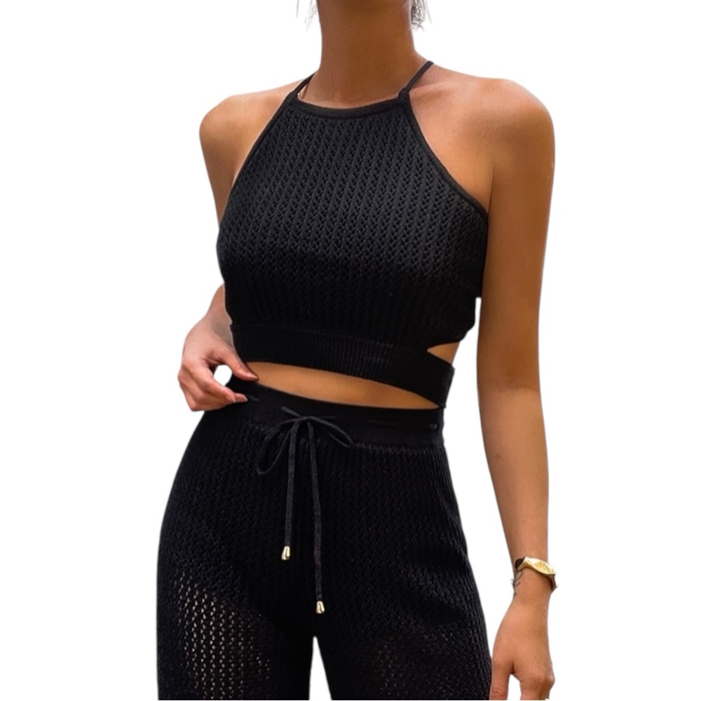 RUNAWAY The Label JORDINA KNIT TOP Black Cropped Halter Size Small